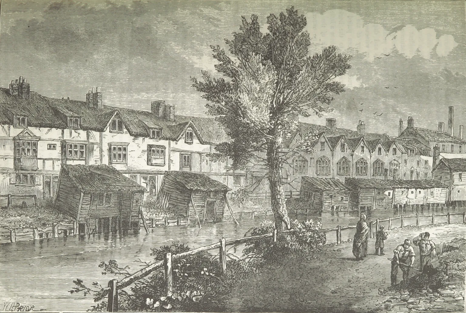 Engraving of old timber houses on the water at Dockhead, Bermondsey, around 1810