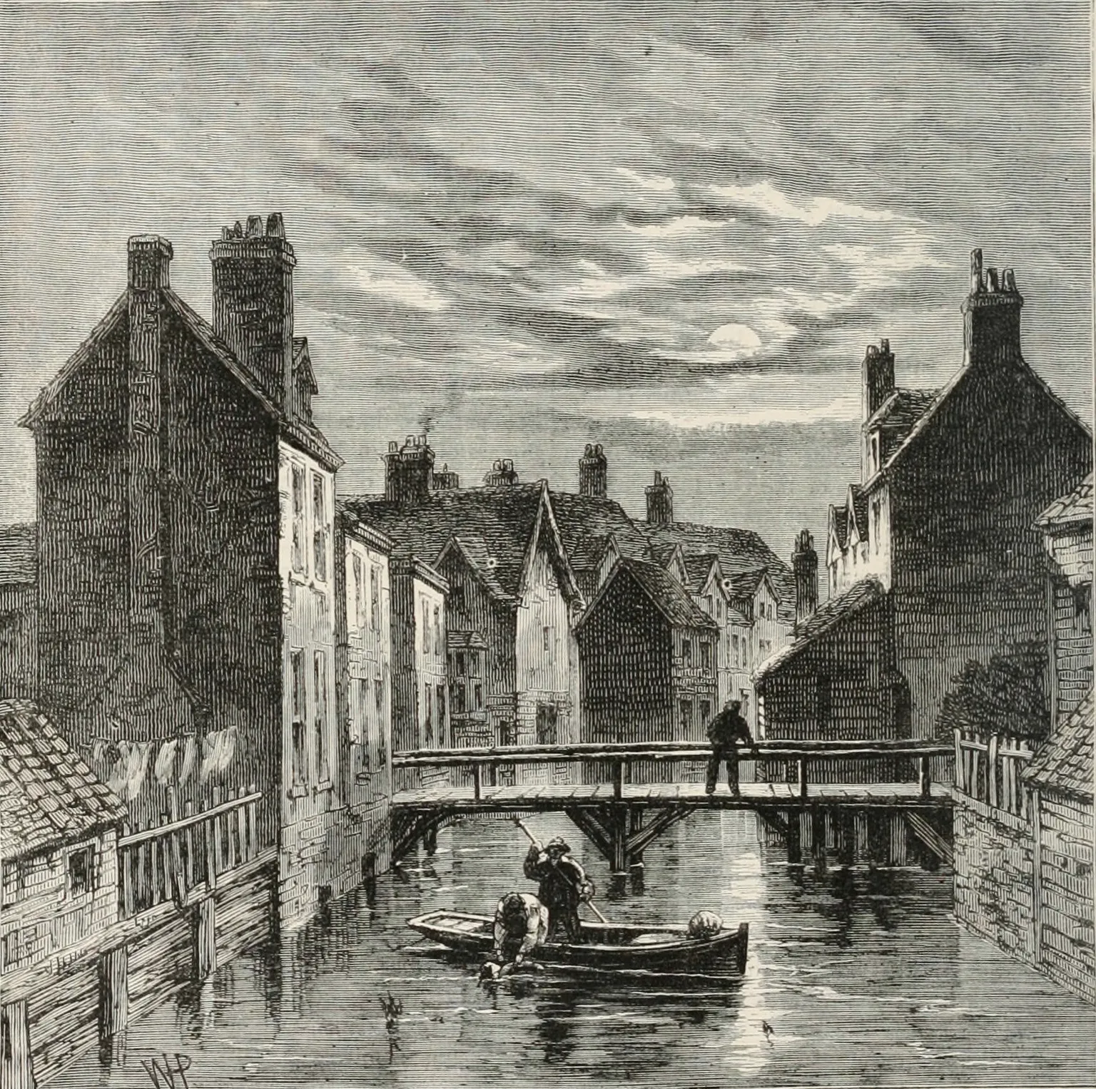 Engraving of houses overhanging Folly Ditch at Jacob's Island, off St Saviour's Dock